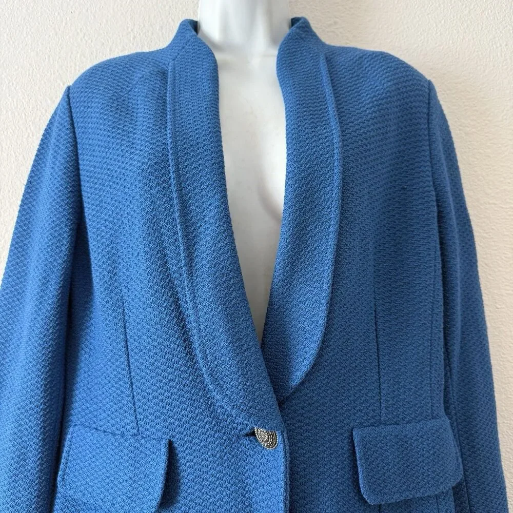St. John Waffle Knit Jacket Blue Textured Button Front Wool Blend Blazer Size 10